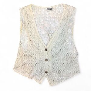 CLIO VTG 90s Off-White & Cream Crochet Lace Knit Button-Up Vest — MEDIUM